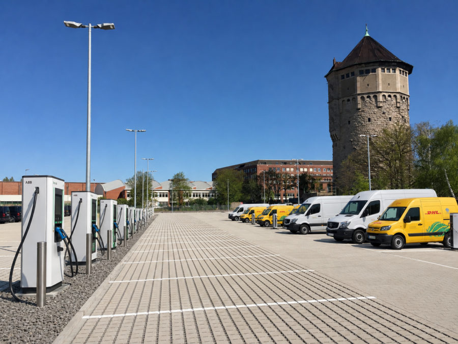 Zentrale Gewerbefläche mit Ladeinfrastruktur und Wasserturm mit modernen Büro- und Lagerflächen - Betriebshof